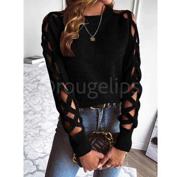 Black Knit Criss Cross Straps Cut Out Sleeve Sweater Pullover - Picture 1 of 11